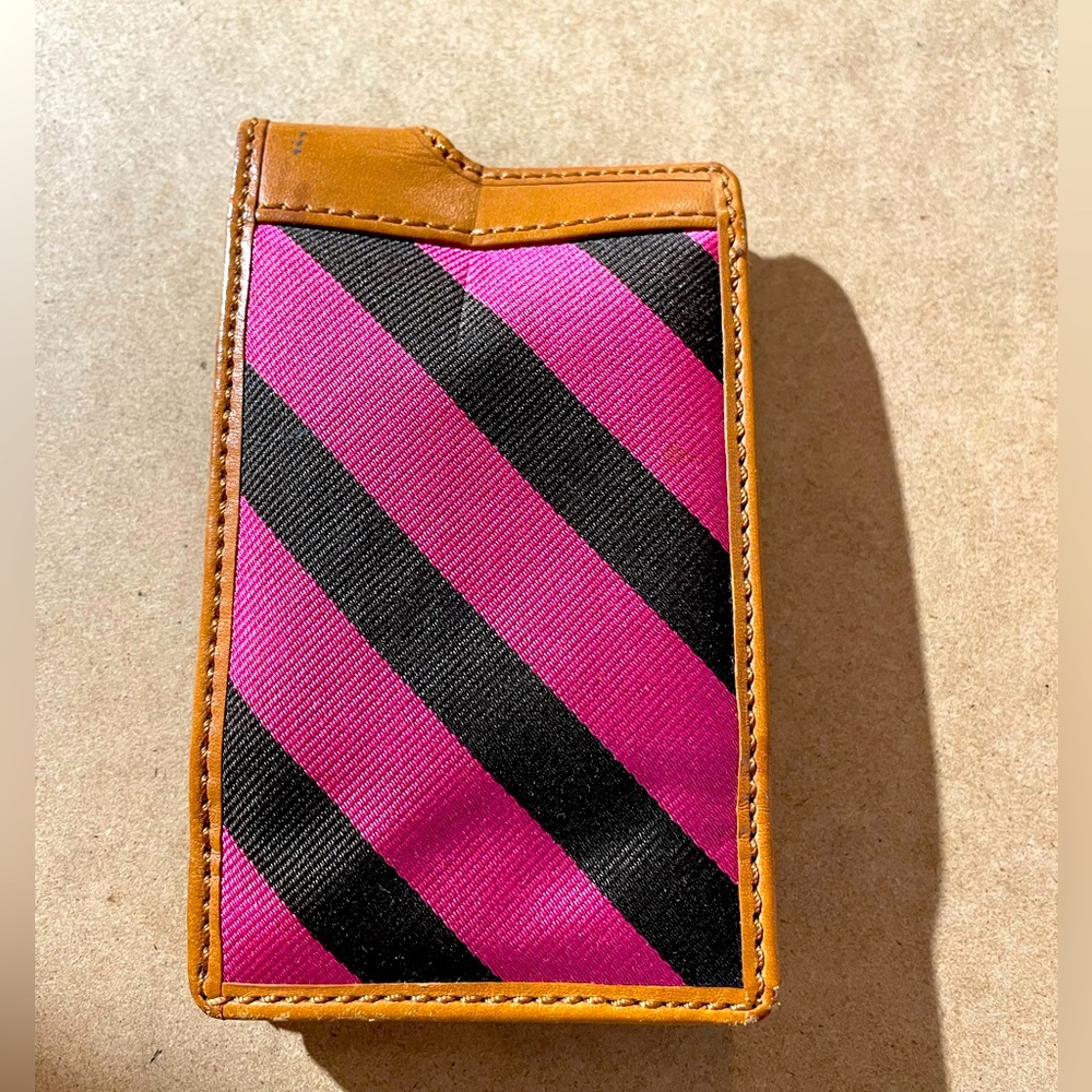 J. Crew Leather ID Credit Card Holder Wallet ID Holder Pink Black Stripes